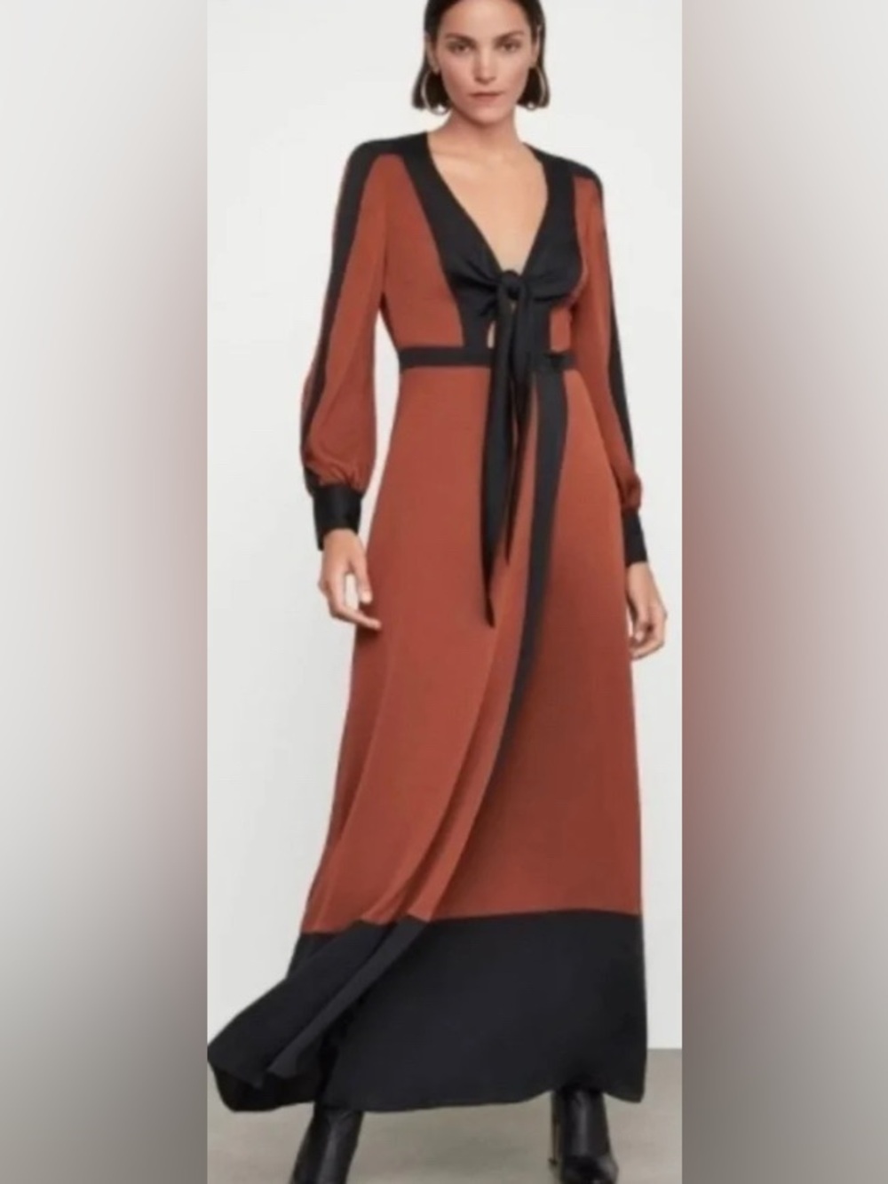 BCBG MaxAzria Tie-Front Colorblock Maxi Dress in Rust and Black